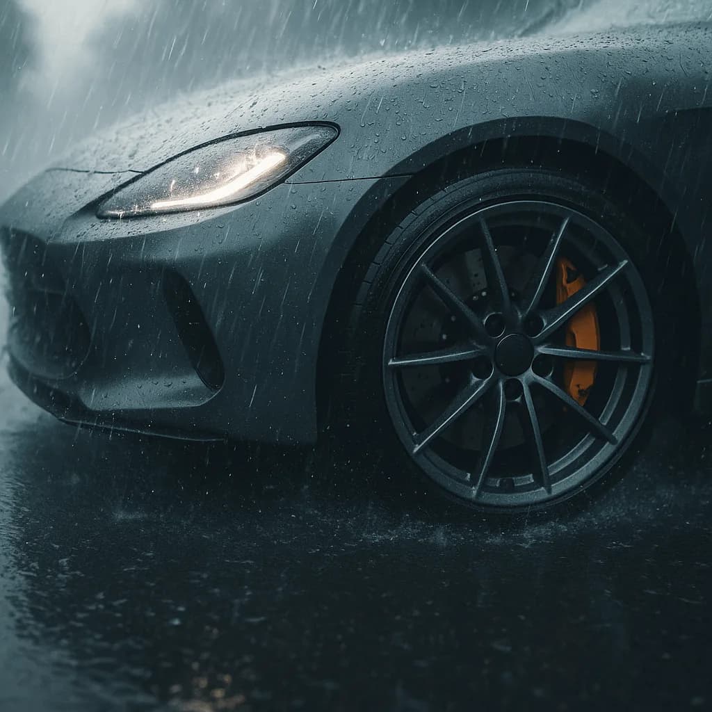 Dark sports car front wheel and headlight in rain with water droplets on wet pavement