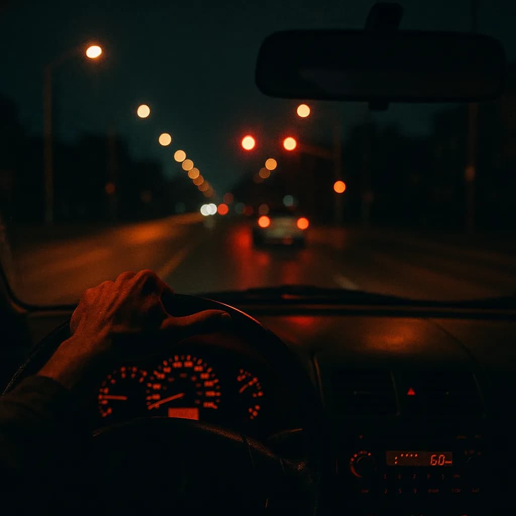 Driver's view at night showing hand on steering wheel, illuminated dashboard, and bokeh street lights ahead
