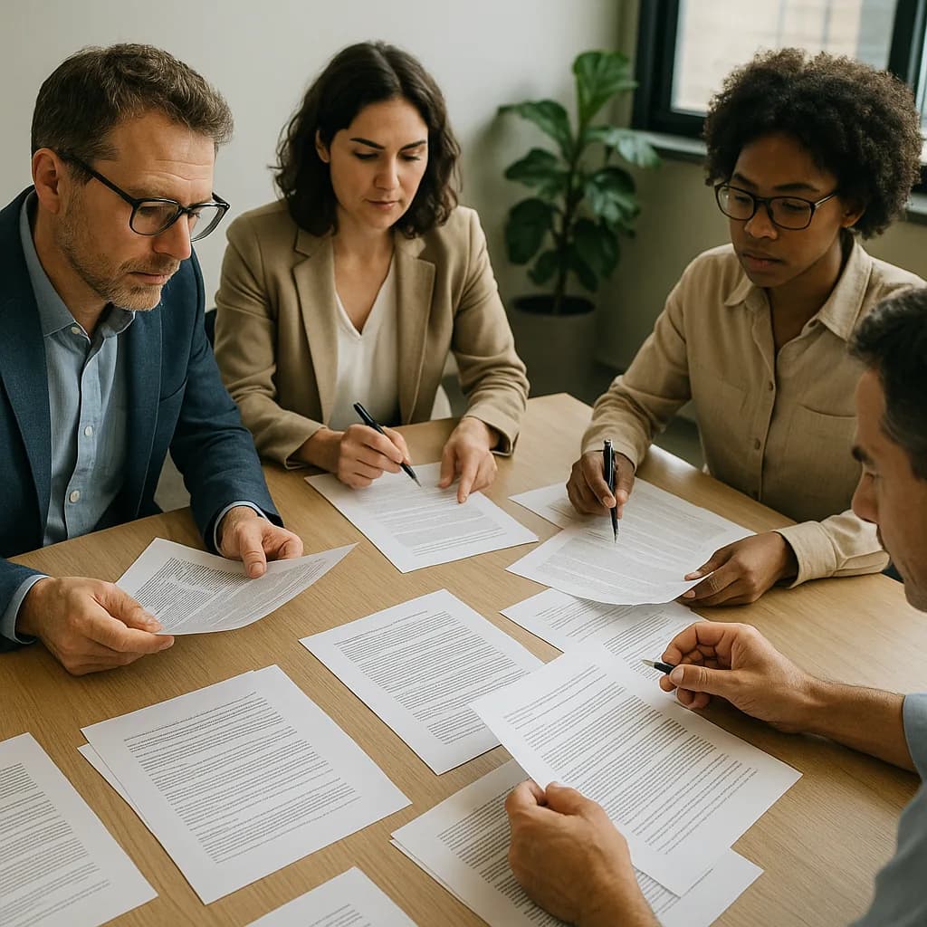 Four business professionals reviewing documents together at a conference table in modern office setting