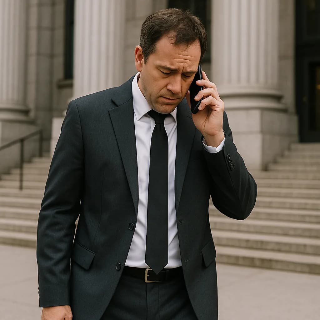 Businessman in suit talking on phone outside courthouse steps looking concerned