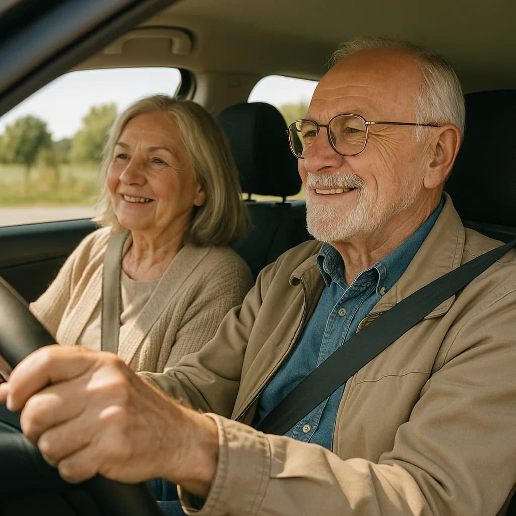 Happy elderly couple smiling while driving together in a car on a countryside road
