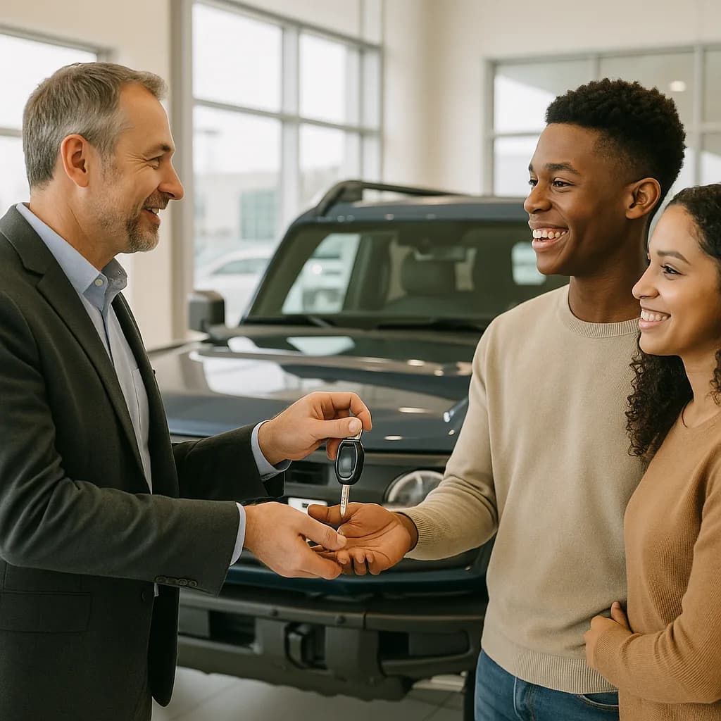 Car salesman handing keys to young couple at dealership showroom with vehicle in background