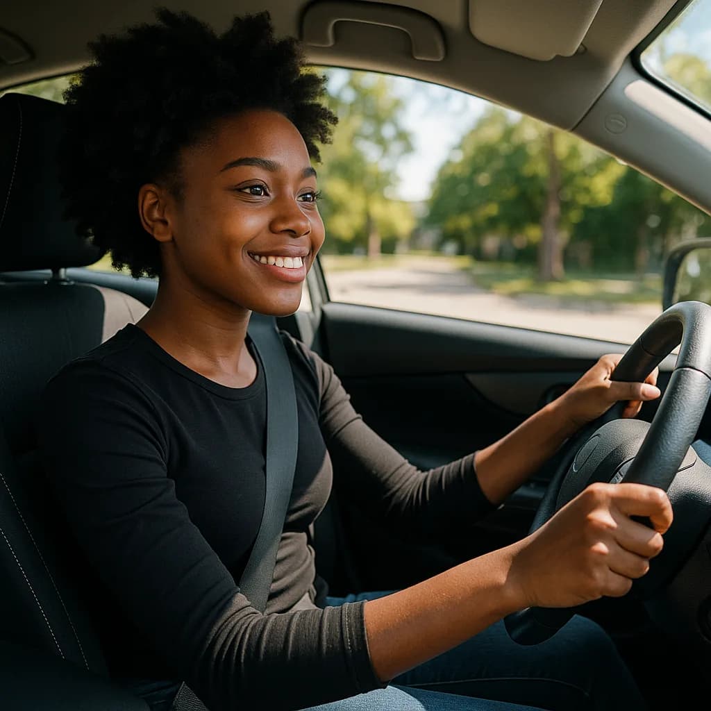 Happy young woman smiling while sitting in driver's seat of car on tree-lined road