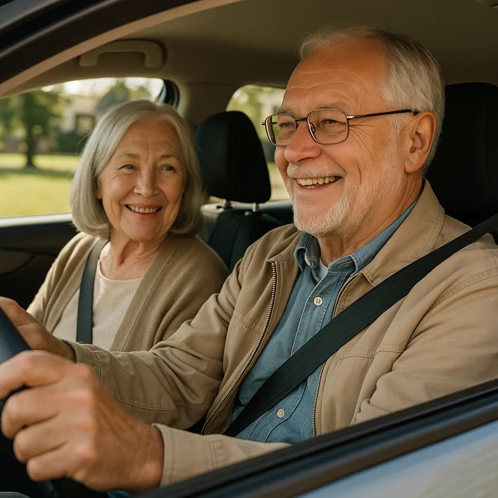 Happy senior couple smiling together in car during daytime drive
