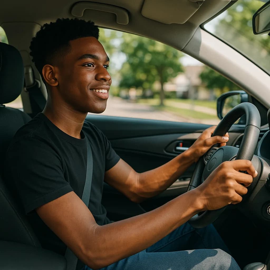 Happy young man smiling while driving a car on a suburban street