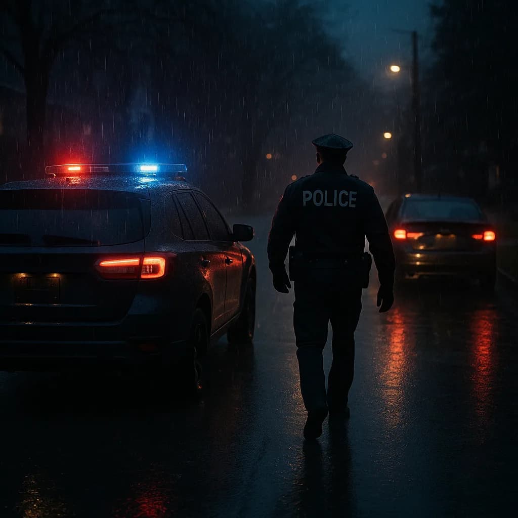 Police officer walking on rainy street at night with emergency lights reflecting on wet pavement