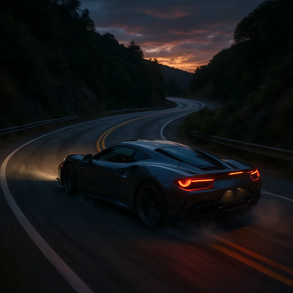 Blue sports car with red taillights driving on winding mountain road at sunset