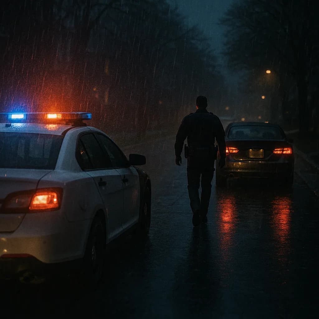 Police officer walking between patrol car and civilian vehicle on rainy night with emergency lights