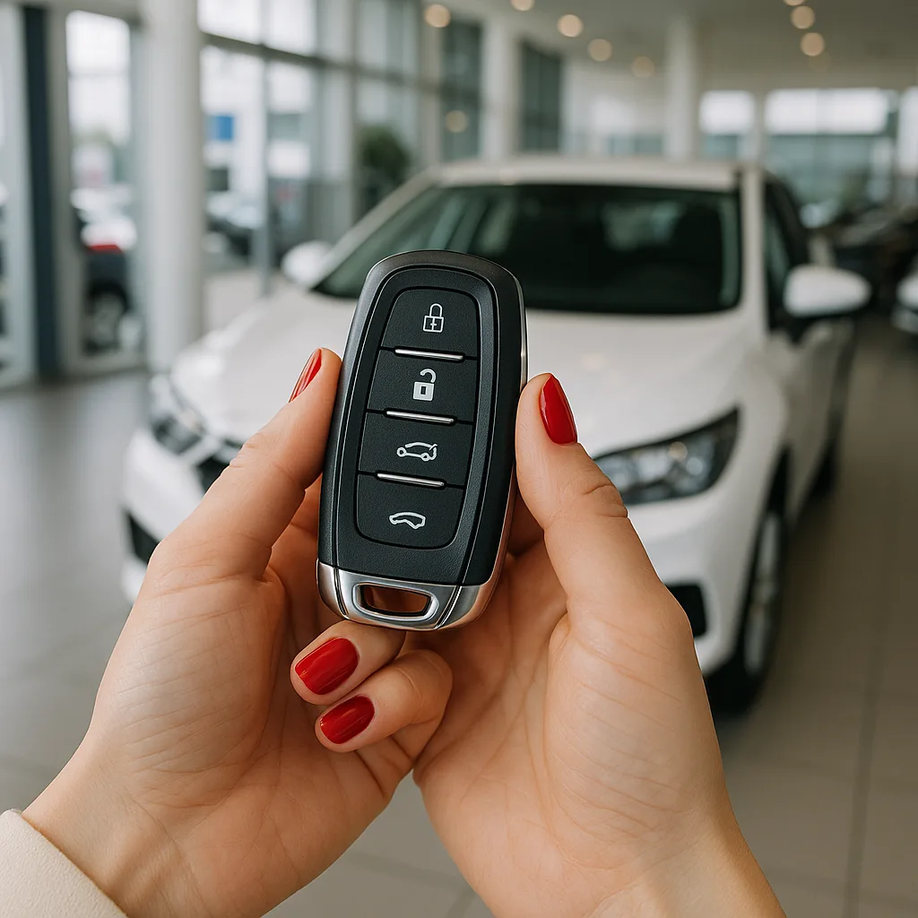 Woman holding new car key fob with red nails in dealership showroom with white car in background