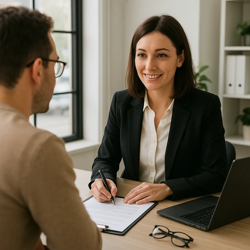 Professional woman in business attire meeting with client at office desk reviewing documents