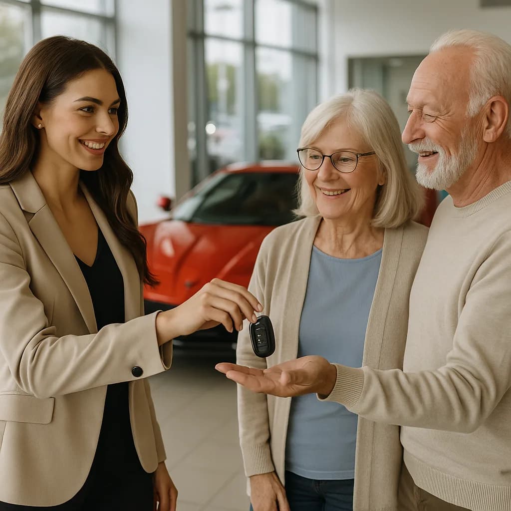 Saleswoman giving car keys to elderly couple at dealership showroom