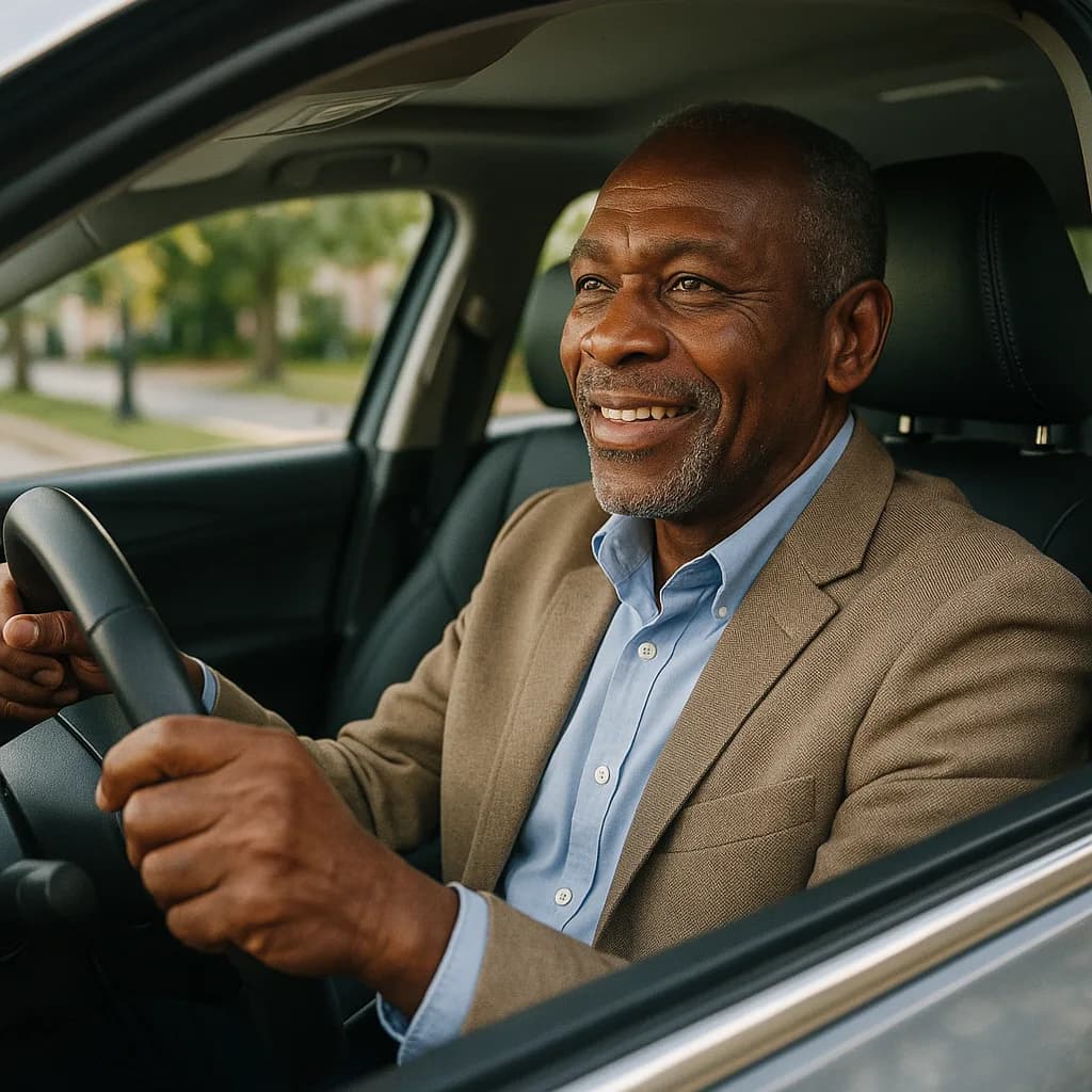 Smiling businessman in tan blazer sitting in driver's seat of car holding steering wheel