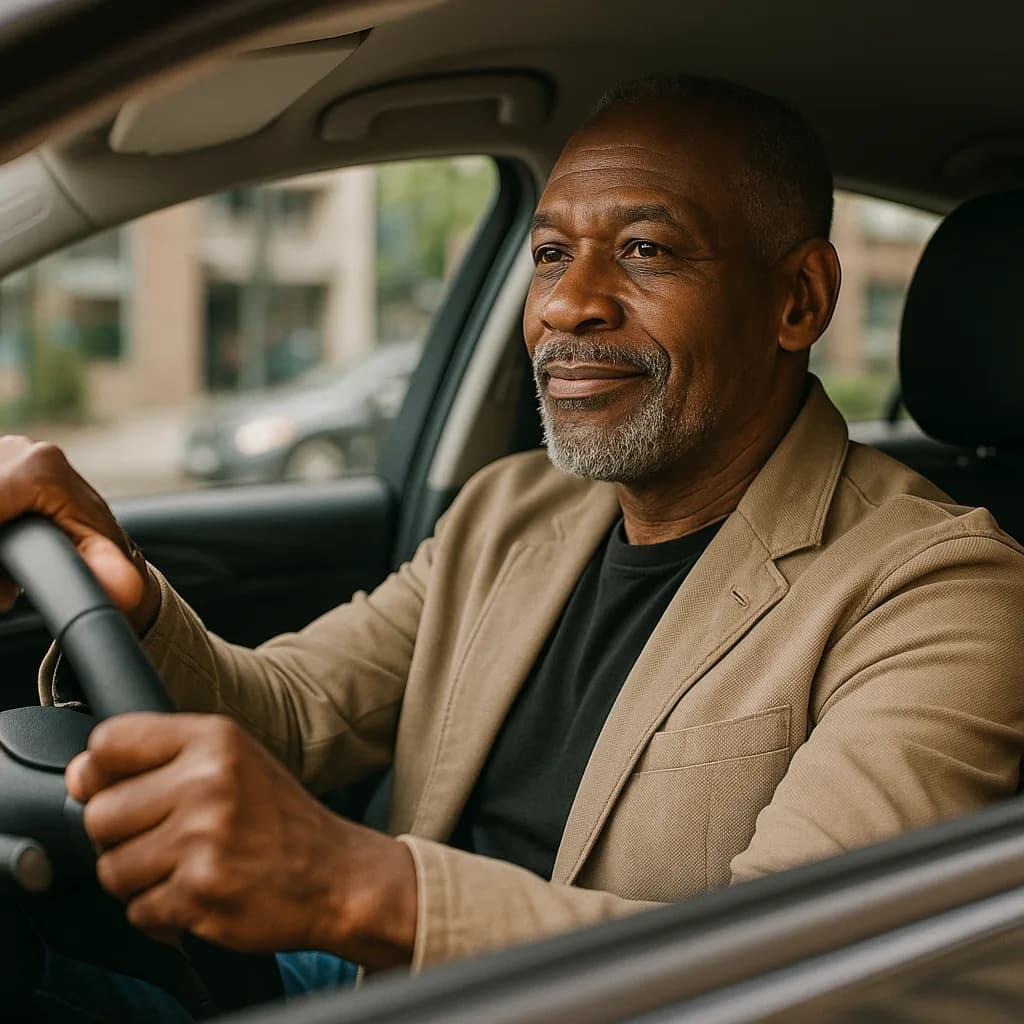Mature man in tan blazer sitting in driver's seat of car, looking thoughtfully to the side