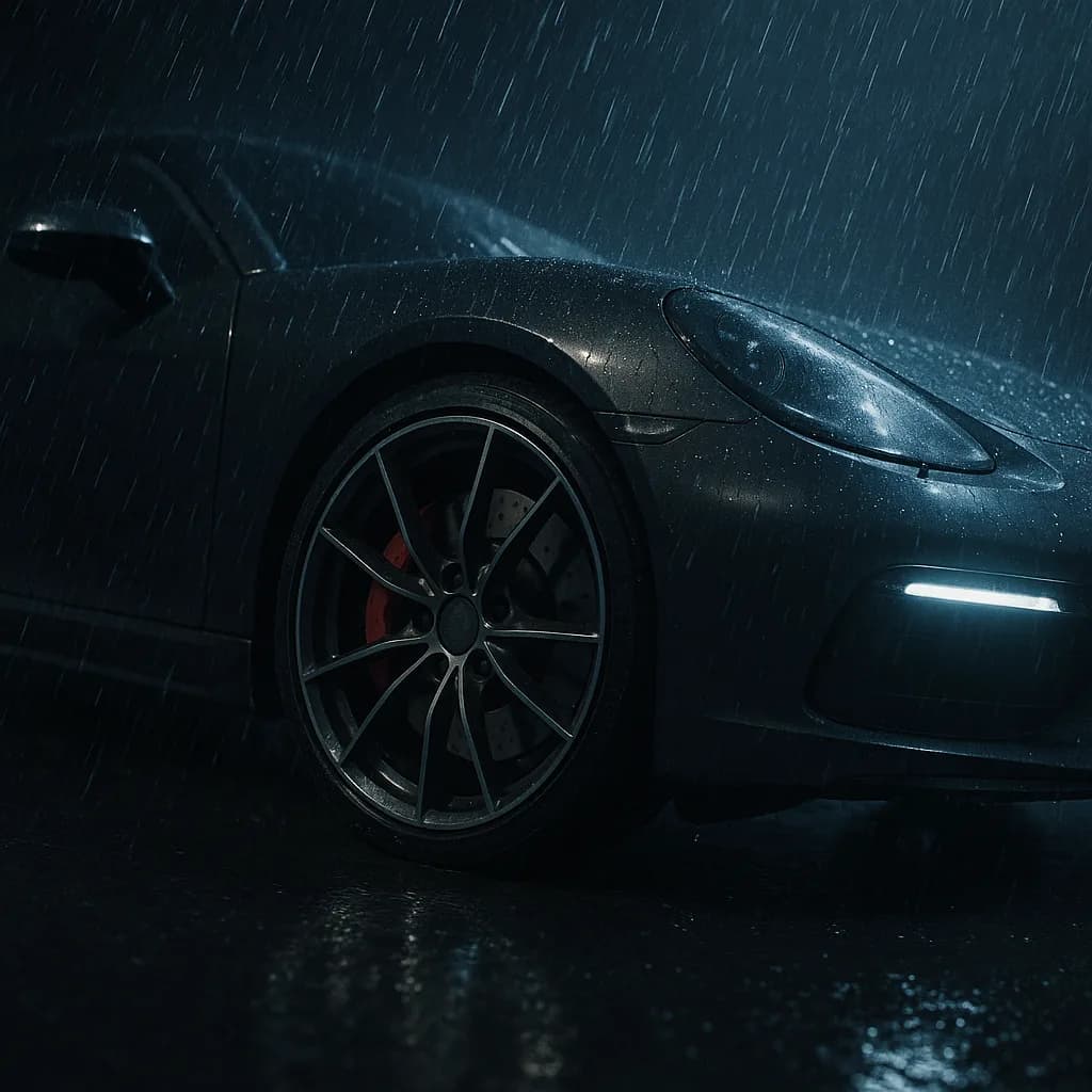 Dark luxury sports car front wheel and headlight in rain at night with dramatic moody lighting