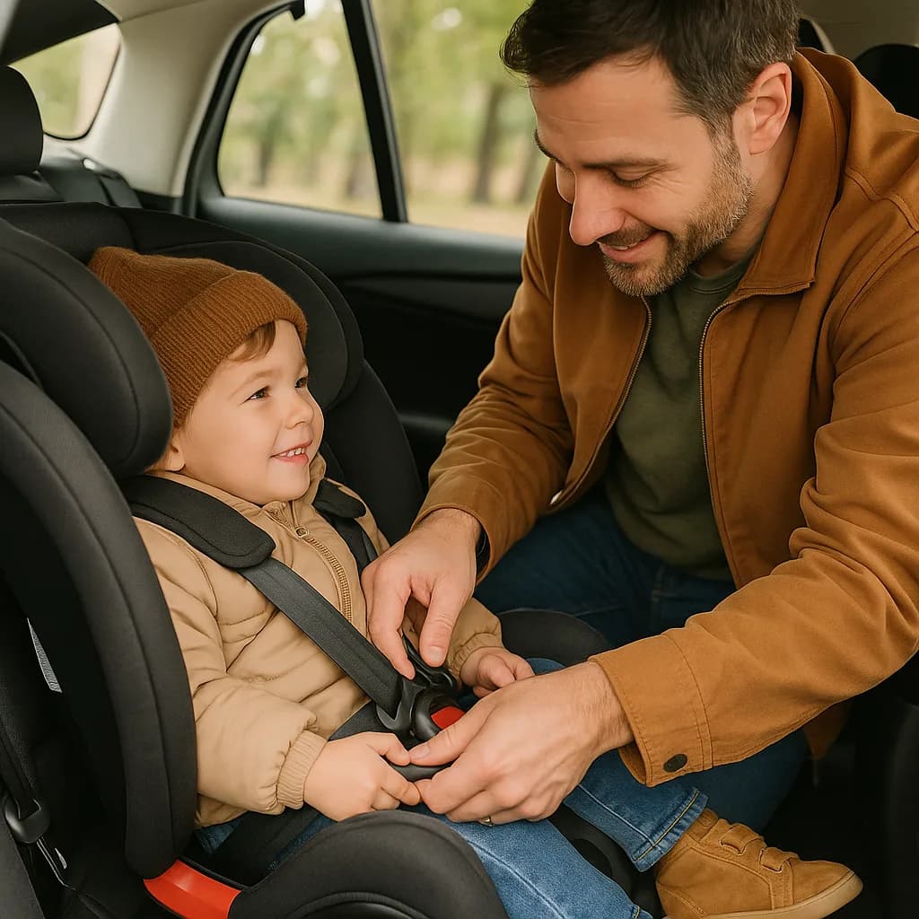 Father buckling young child into car seat while both smile at each other