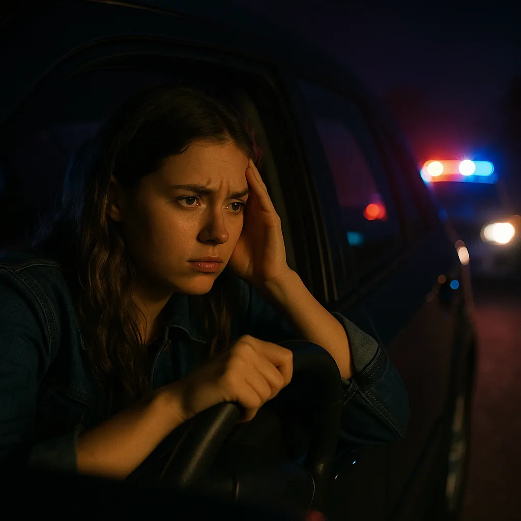 Worried woman driver at night with police lights visible in background