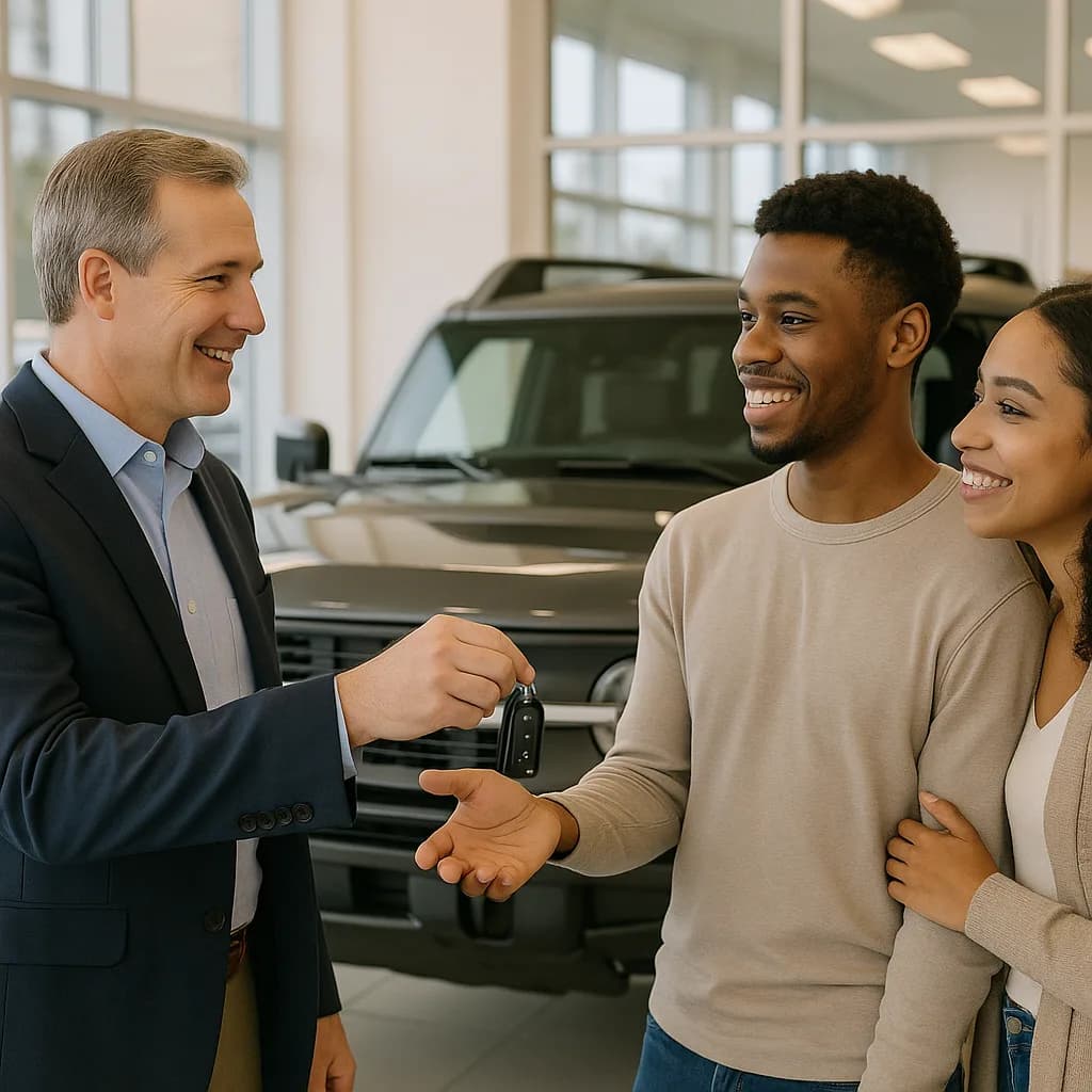 Car salesman handing keys to happy couple at dealership showroom with SUV in background