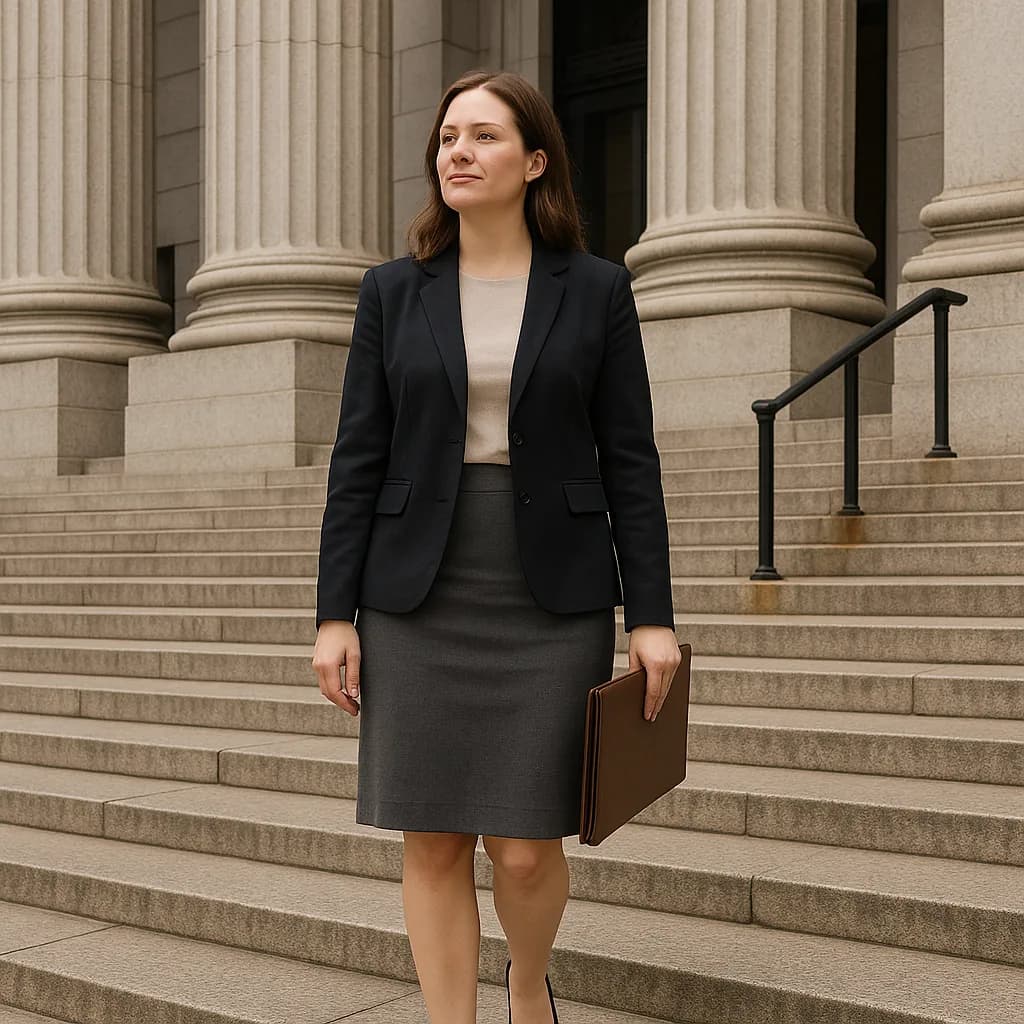 Professional woman in business suit holding briefcase on courthouse steps with classical columns