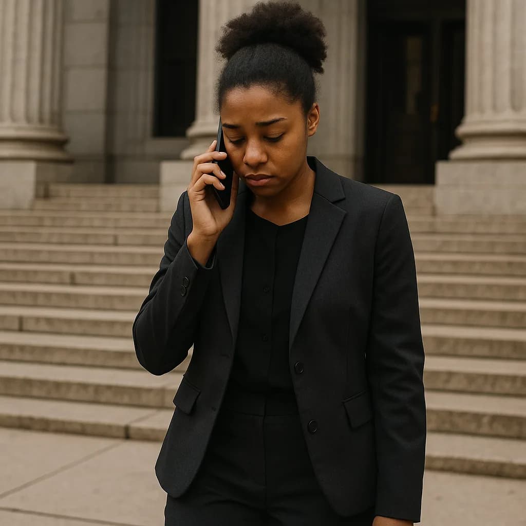 Professional woman in black suit talking on phone outside building with classical columns