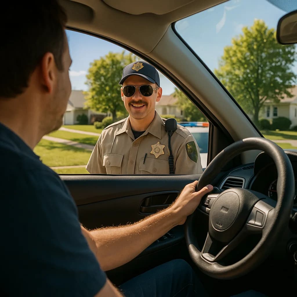 Police officer in sunglasses speaking to driver during traffic stop in suburban neighborhood