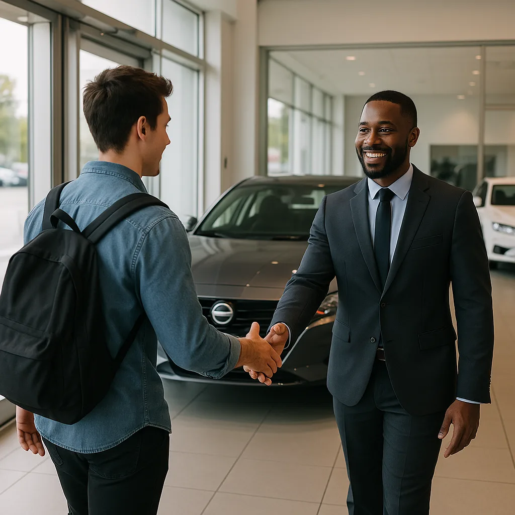 Car salesman in suit shaking hands with customer in dealership showroom