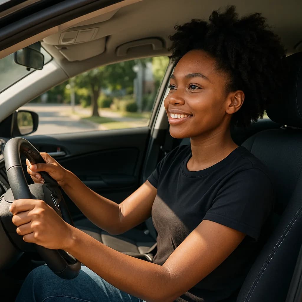 Young woman smiling while driving a car, holding steering wheel in black shirt