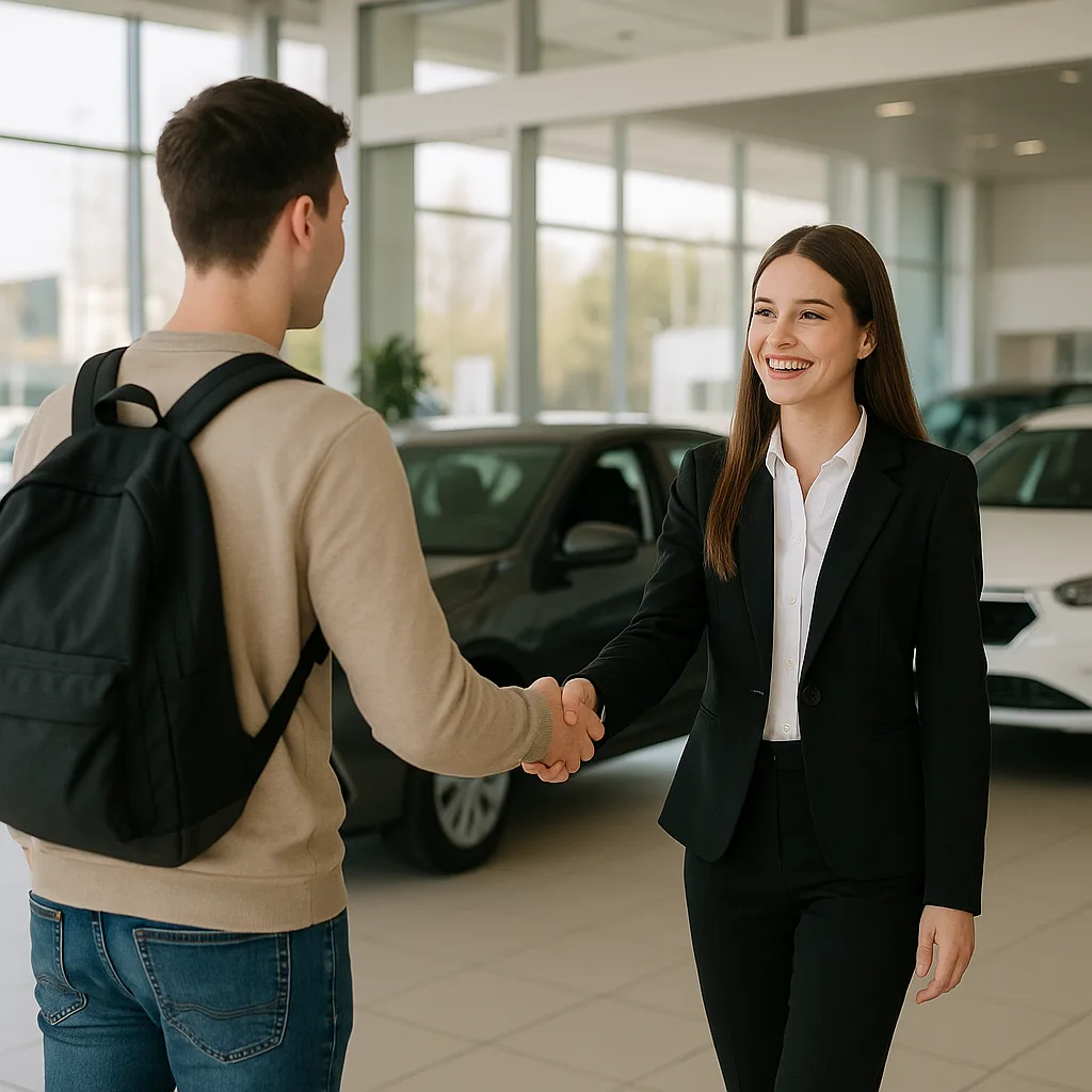 Female car saleswoman shaking hands with male customer in modern dealership showroom
