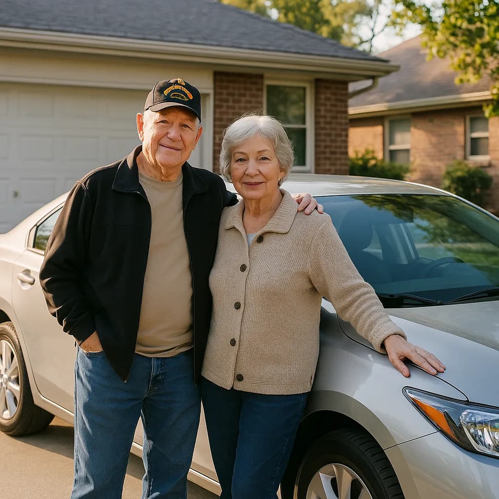 Happy senior couple standing by their car in front of their house