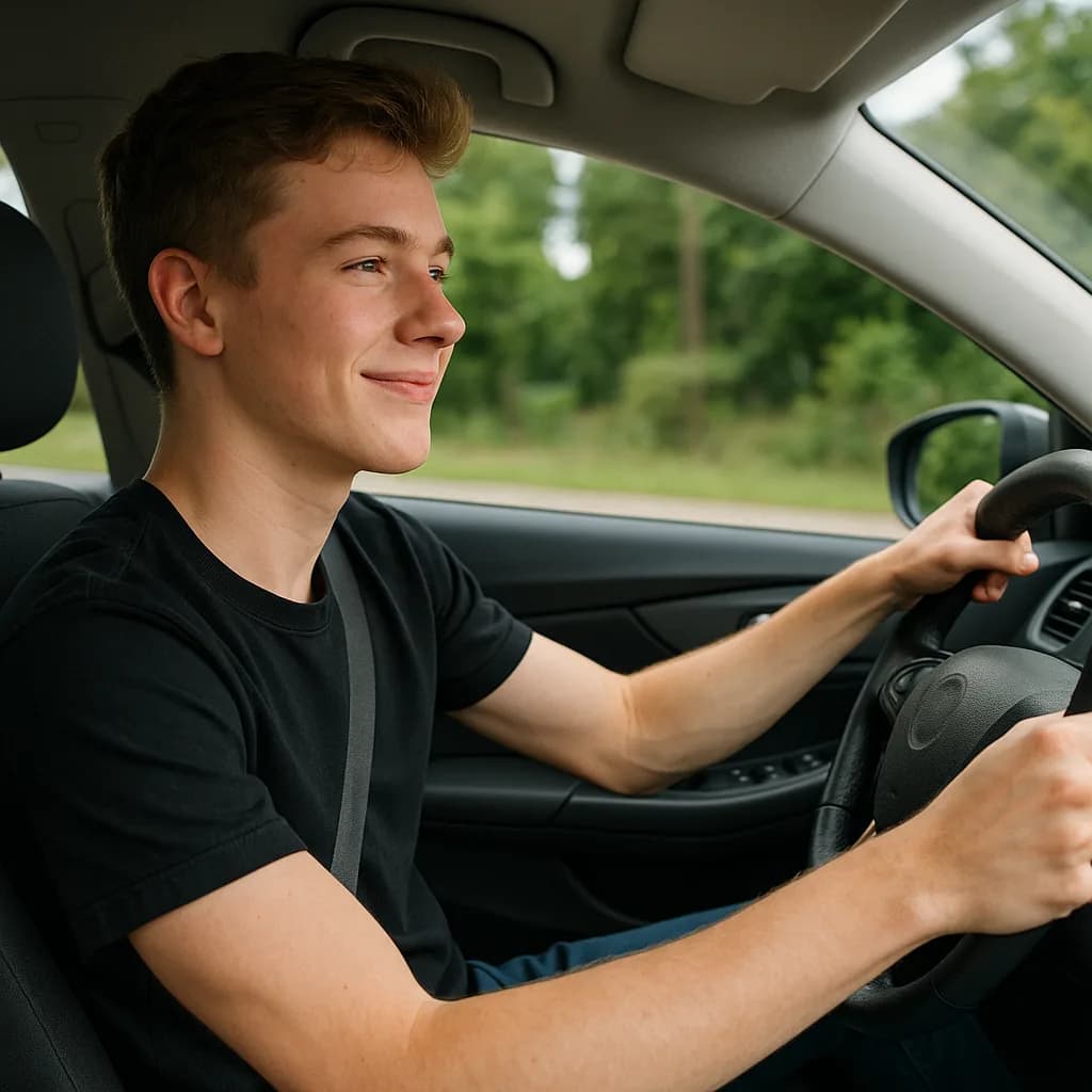 Happy teenage boy driving car wearing seatbelt with green trees visible through window