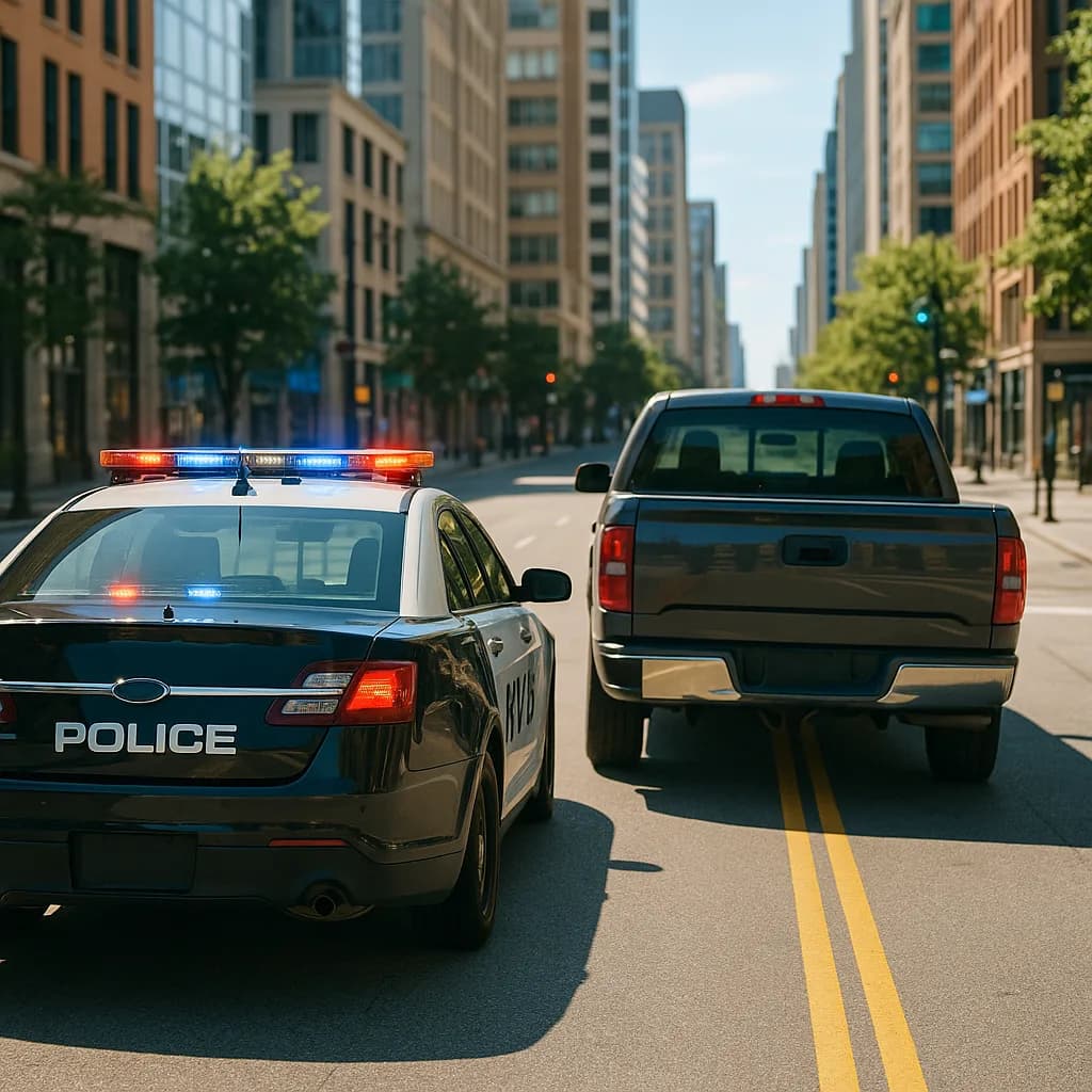 Police car with flashing lights pulling over a pickup truck on a city street lined with office buildings