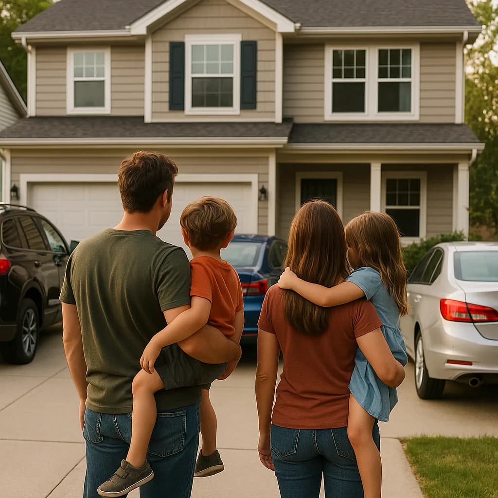 Family of four viewing their suburban home from driveway with parents holding children