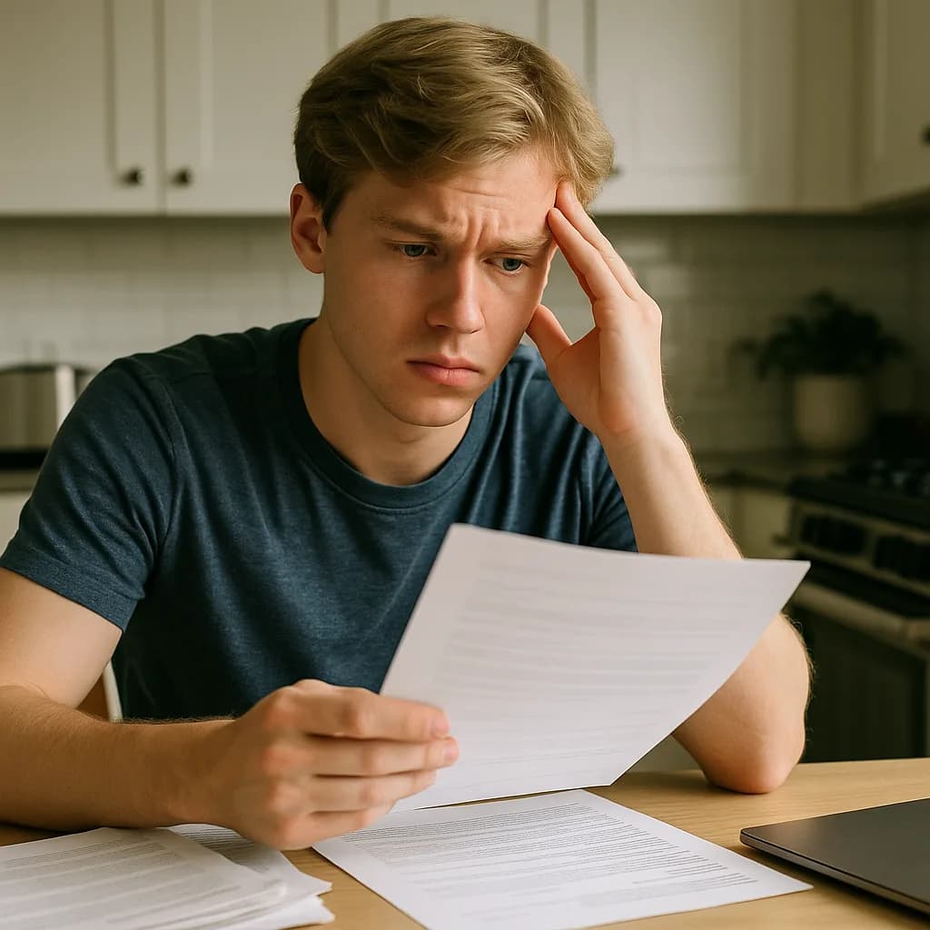 Stressed young man reading documents at kitchen table with hand on forehead looking worried