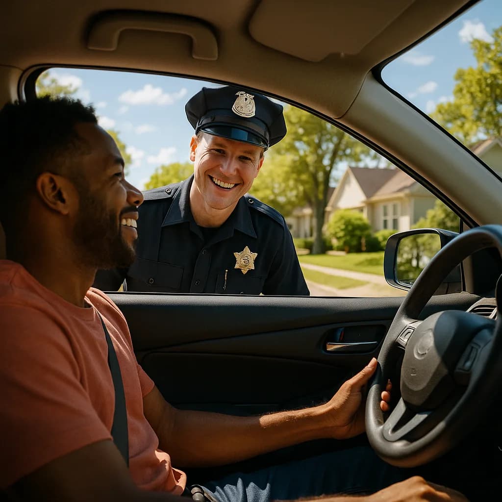 Police officer having friendly conversation with smiling driver during traffic stop in residential area