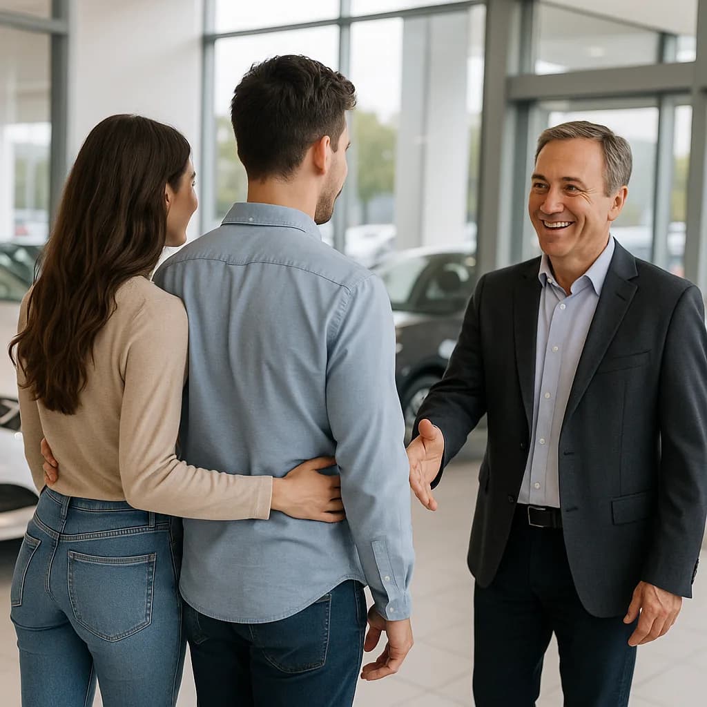 Car salesman greeting young couple with handshake in modern dealership showroom
