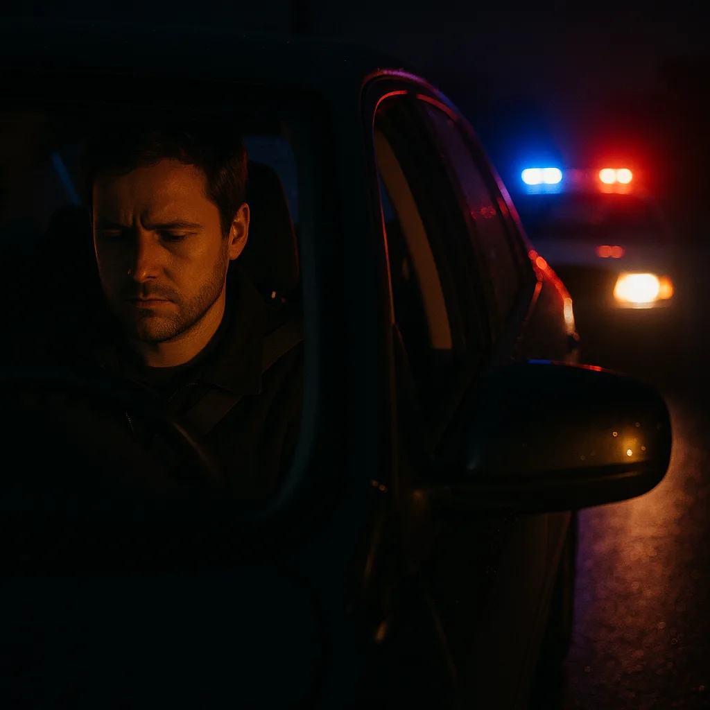 Man in car at night during police traffic stop with flashing red and blue lights behind him