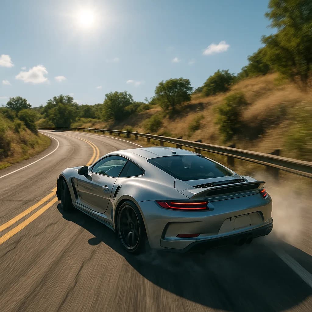 Silver Porsche sports car driving on curved mountain road with trees and blue sky