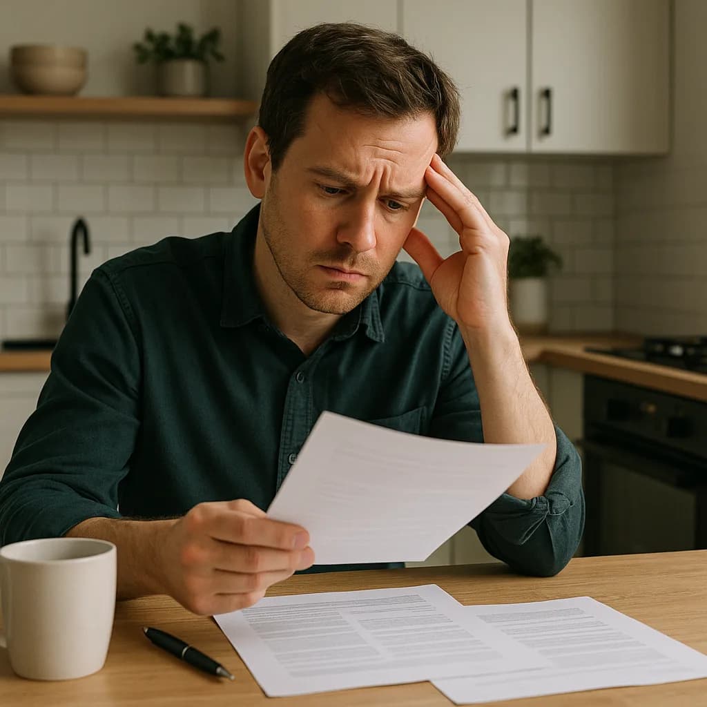 Worried man reviewing documents at kitchen table with hand on forehead