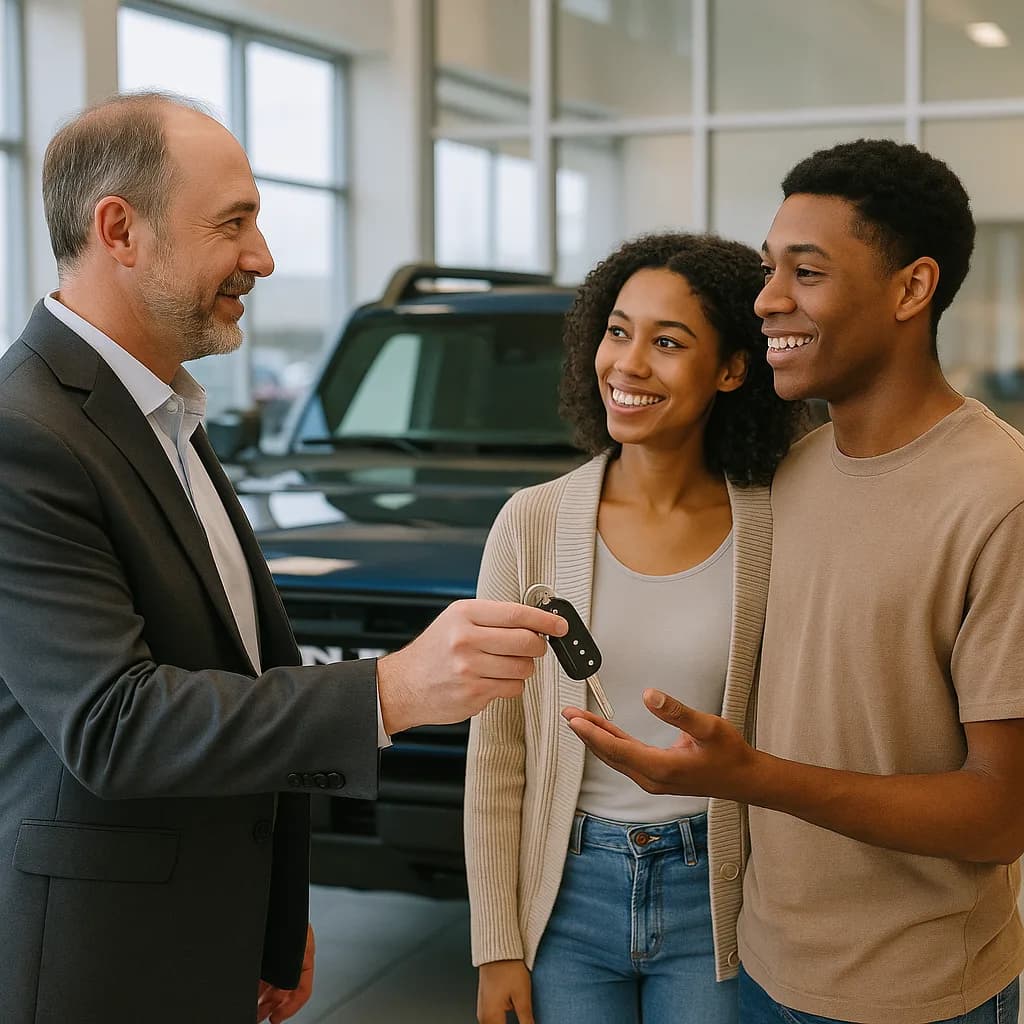 Car salesman handing keys to happy young couple at dealership showroom
