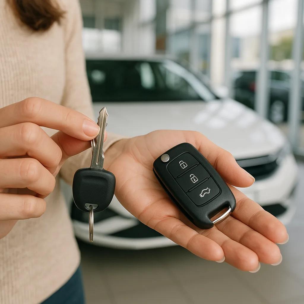 Person holding traditional car key and modern key fob in dealership with white car in background