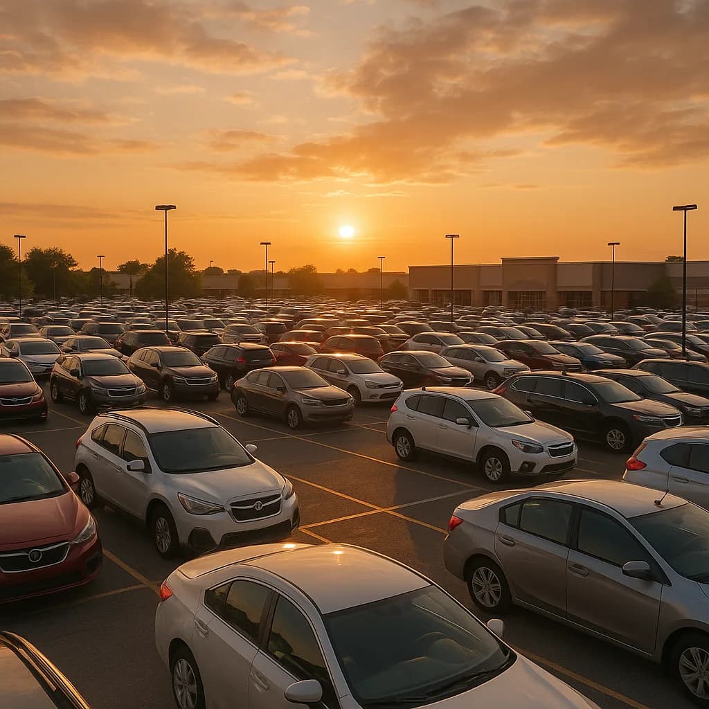 Crowded parking lot at sunset with hundreds of cars and golden sky behind commercial buildings