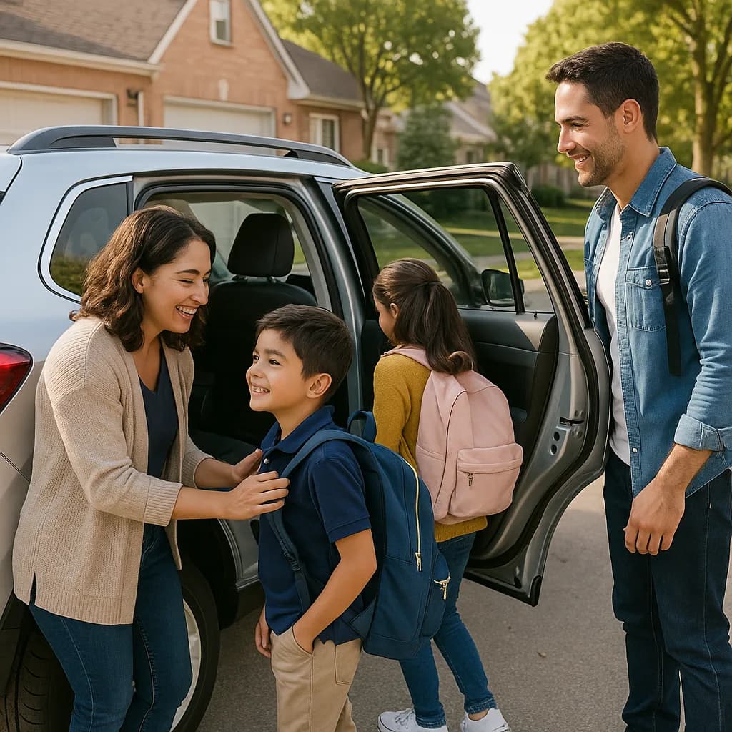 Parents dropping children off at school with backpacks by family car in suburban neighborhood