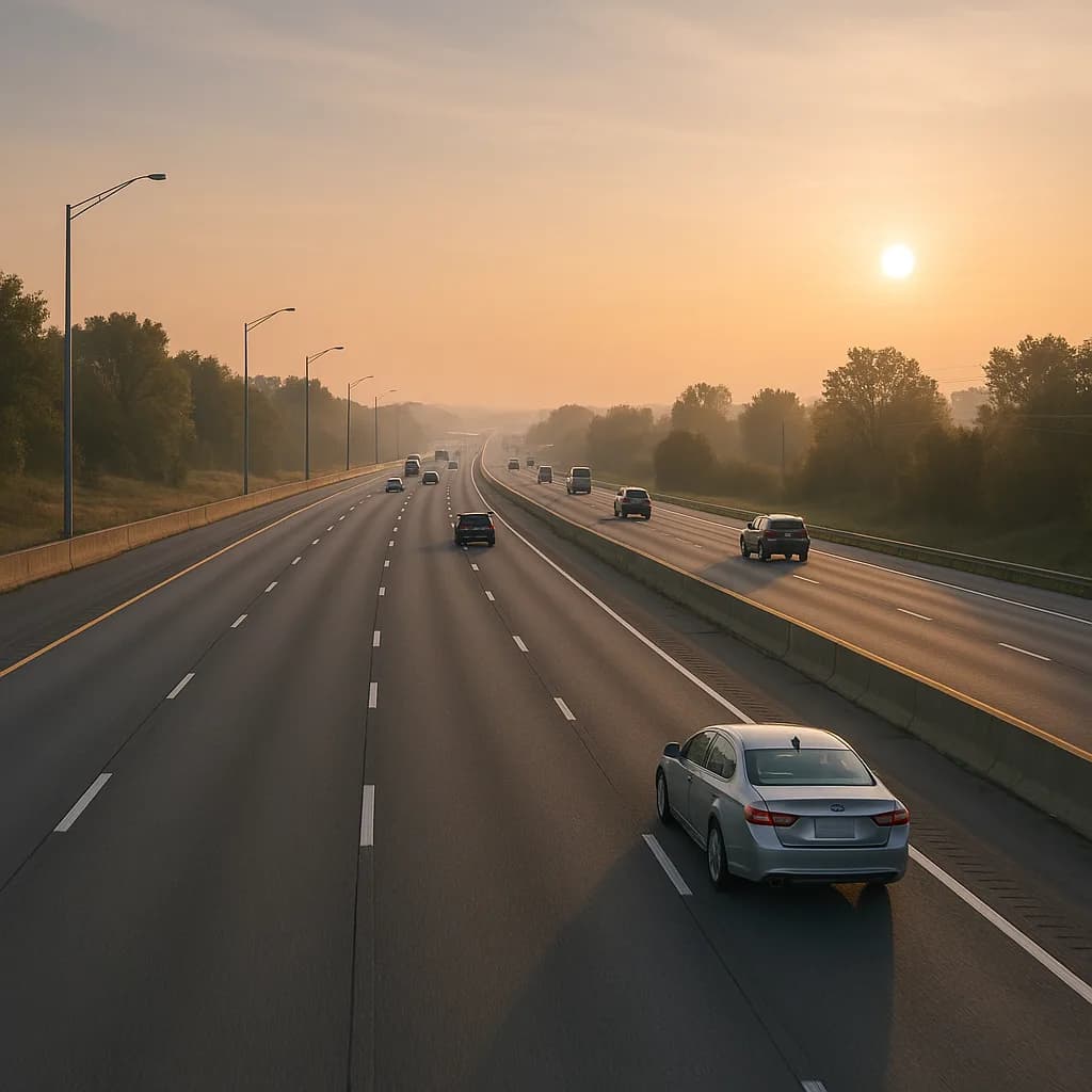 Highway with light traffic during misty sunrise or sunset with orange sky and street lamps
