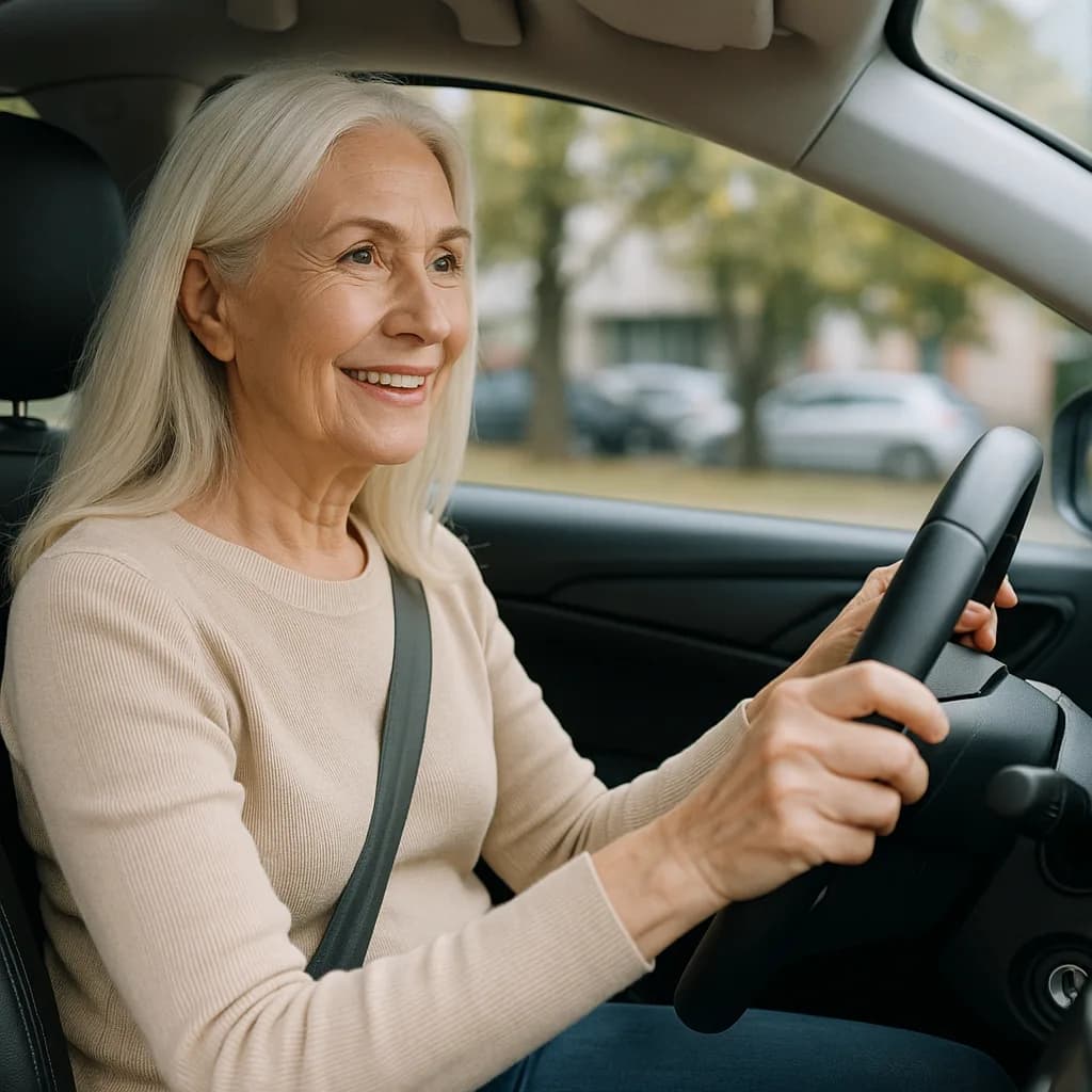 Senior woman with gray hair smiling while driving a car, wearing beige sweater and seatbelt