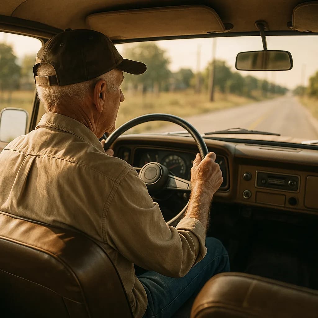Elderly man in baseball cap driving vintage truck on rural country road during golden hour