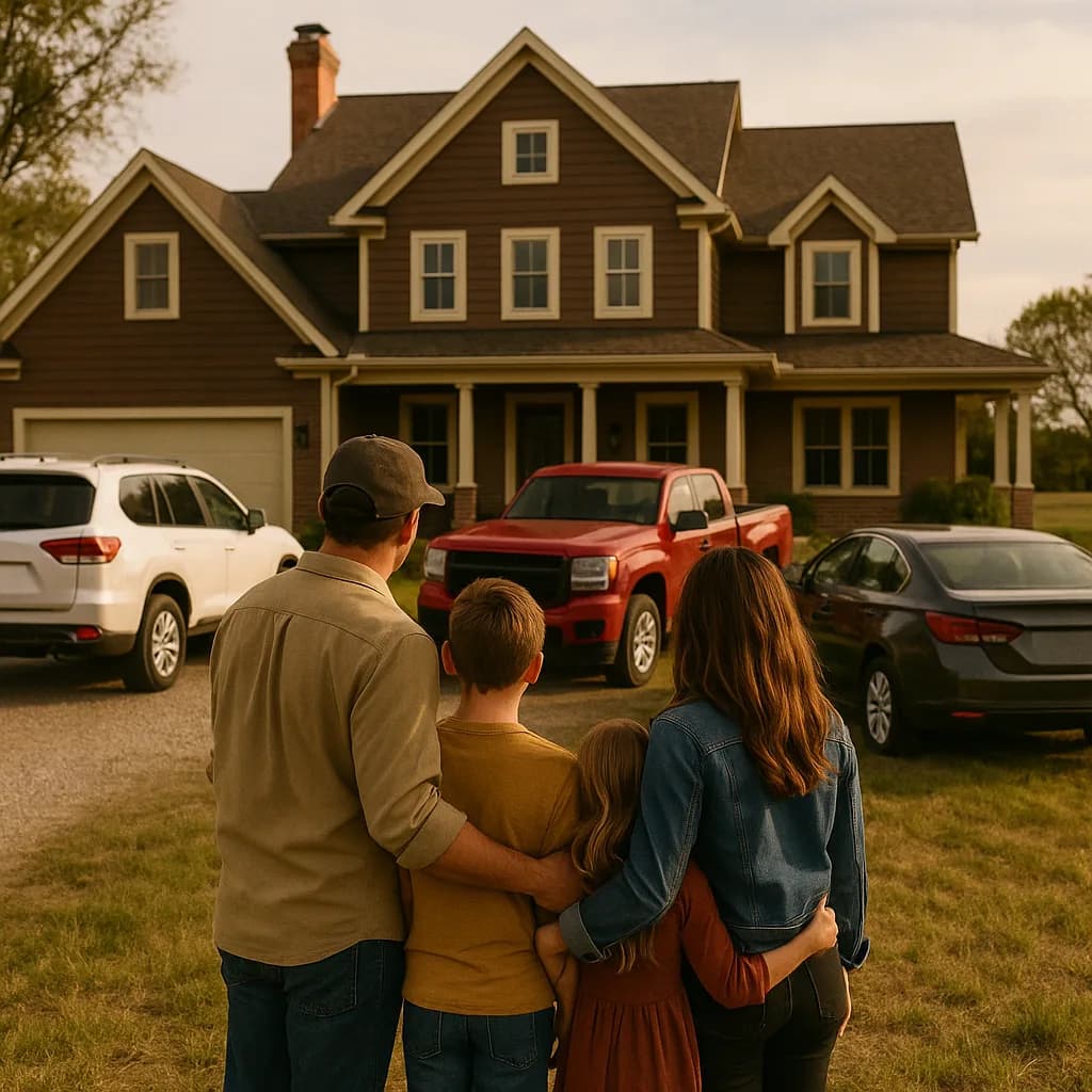 Family of four viewing their new two-story home with three cars parked in driveway at sunset