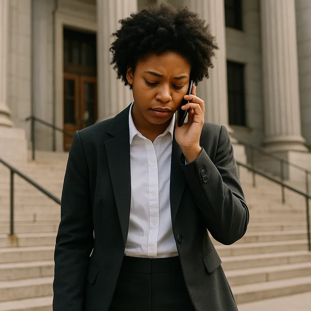 Professional woman in business suit talking on phone outside courthouse with classical columns