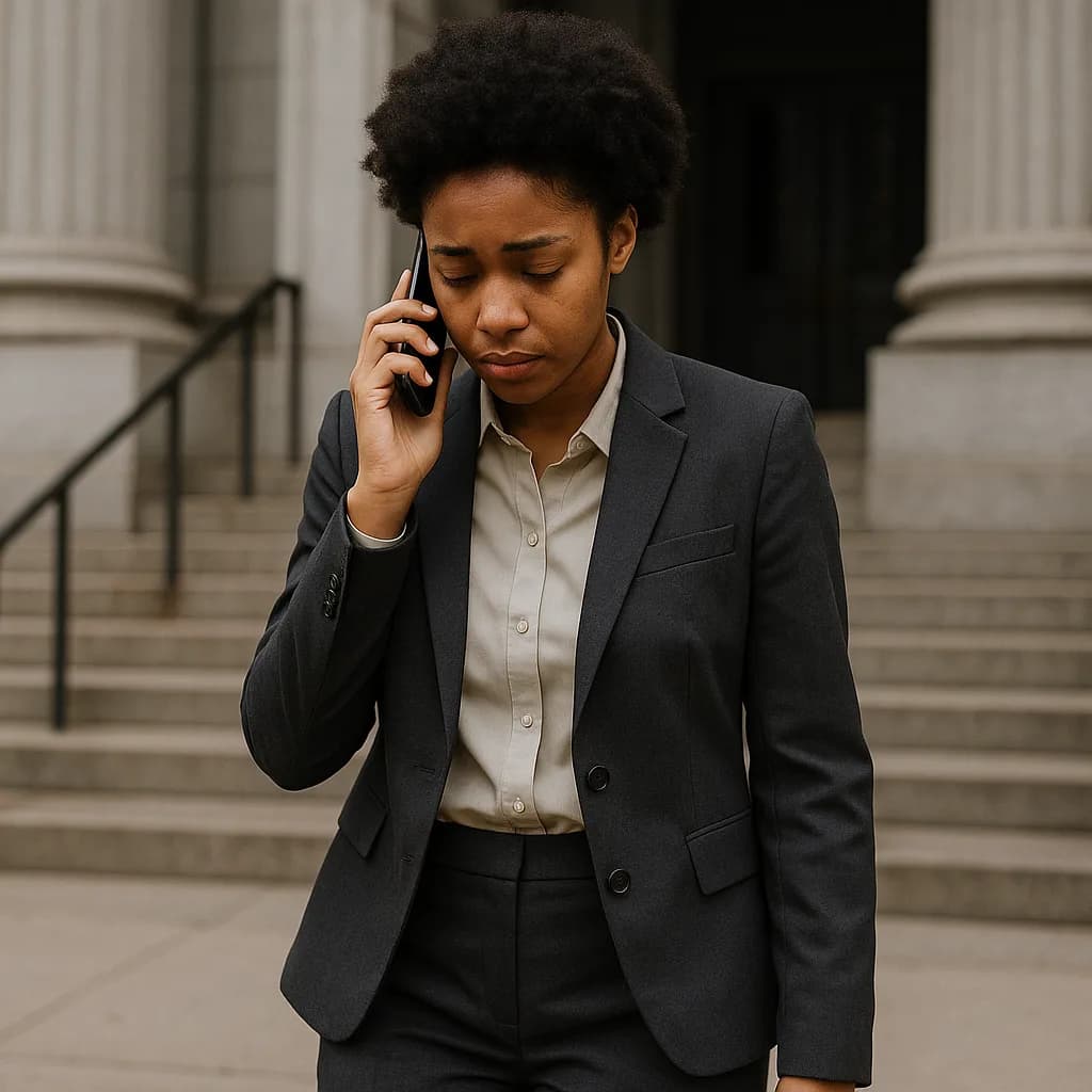 Professional woman in business suit talking on phone outside courthouse building