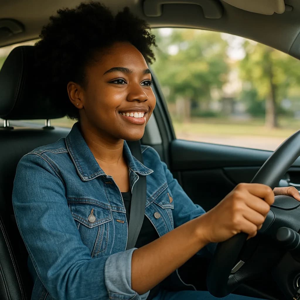 Smiling young woman with curly hair sitting in driver's seat of car wearing denim jacket