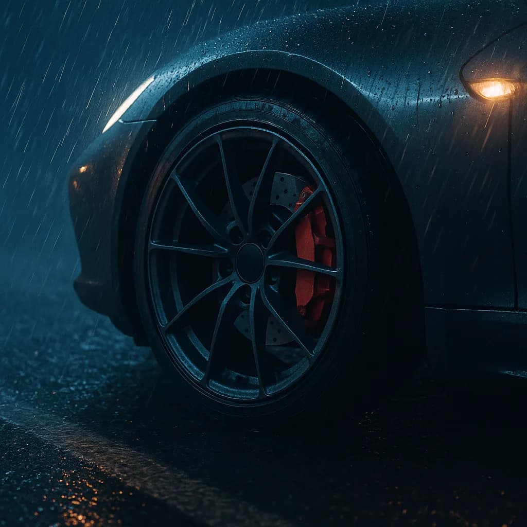 Close-up of sports car wheel with red brake caliper in rain at night with dramatic lighting