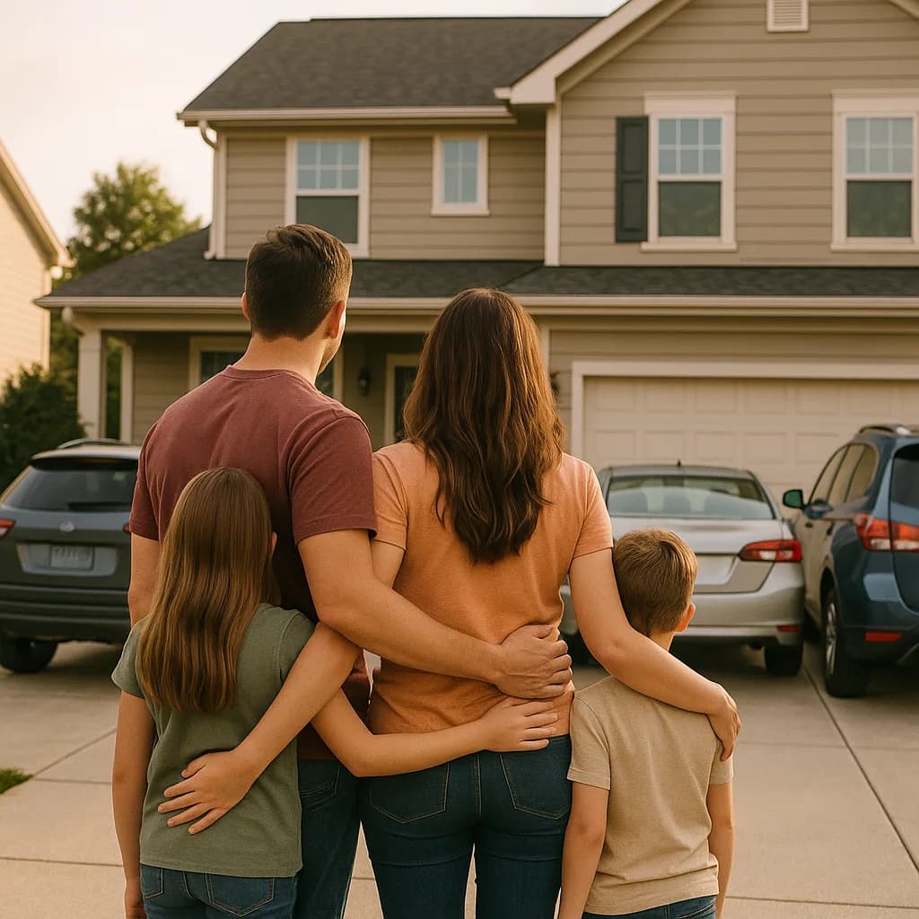 Family of four embracing while looking at their new two-story suburban home from the driveway
